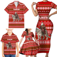 Tajikistan Christmas Family Matching Short Sleeve Bodycon Dress and Hawaiian Shirt with Santa Riding Snow Leopard National Emblem and Red Holiday Pattern - Wonder Print Shop