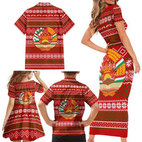 Tajikistan Christmas Family Matching Short Sleeve Bodycon Dress and Hawaiian Shirt with Santa Riding Snow Leopard National Emblem and Red Holiday Pattern - Wonder Print Shop