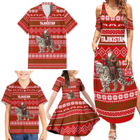 Tajikistan Christmas Family Matching Summer Maxi Dress and Hawaiian Shirt with Santa Riding Snow Leopard National Emblem and Red Holiday Pattern - Wonder Print Shop
