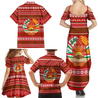 Tajikistan Christmas Family Matching Summer Maxi Dress and Hawaiian Shirt with Santa Riding Snow Leopard National Emblem and Red Holiday Pattern - Wonder Print Shop