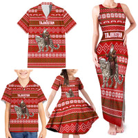 Tajikistan Christmas Family Matching Tank Maxi Dress and Hawaiian Shirt with Santa Riding Snow Leopard National Emblem and Red Holiday Pattern - Wonder Print Shop