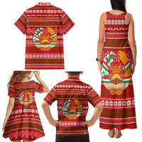 Tajikistan Christmas Family Matching Tank Maxi Dress and Hawaiian Shirt with Santa Riding Snow Leopard National Emblem and Red Holiday Pattern - Wonder Print Shop