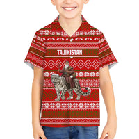 Tajikistan Christmas Family Matching Tank Maxi Dress and Hawaiian Shirt with Santa Riding Snow Leopard National Emblem and Red Holiday Pattern - Wonder Print Shop