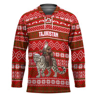 Tajikistan Christmas Hockey Jersey with Santa Riding Snow Leopard National Emblem and Red Holiday Pattern - Wonder Print Shop
