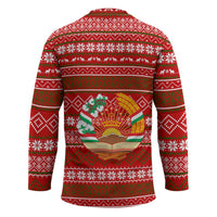 Tajikistan Christmas Hockey Jersey with Santa Riding Snow Leopard National Emblem and Red Holiday Pattern - Wonder Print Shop