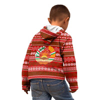 Tajikistan Christmas Kid Hoodie with Santa Riding Snow Leopard National Emblem and Red Holiday Pattern - Wonder Print Shop
