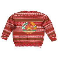 Tajikistan Christmas Kid Ugly Christmas Sweater with Santa Riding Snow Leopard National Emblem and Red Holiday Pattern - Wonder Print Shop