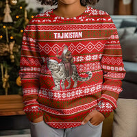 Tajikistan Christmas Kid Ugly Christmas Sweater with Santa Riding Snow Leopard National Emblem and Red Holiday Pattern - Wonder Print Shop