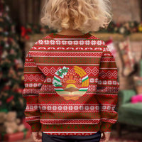 Tajikistan Christmas Kid Ugly Christmas Sweater with Santa Riding Snow Leopard National Emblem and Red Holiday Pattern - Wonder Print Shop