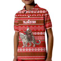 Tajikistan Christmas Kid Polo Shirt with Santa Riding Snow Leopard National Emblem and Red Holiday Pattern - Wonder Print Shop