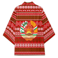 Tajikistan Christmas Kimono with Santa Riding Snow Leopard National Emblem and Red Holiday Pattern - Wonder Print Shop