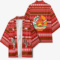 Tajikistan Christmas Kimono with Santa Riding Snow Leopard National Emblem and Red Holiday Pattern - Wonder Print Shop