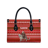 Tajikistan Christmas Leather Bag with Santa Riding Snow Leopard National Emblem and Red Holiday Pattern - Wonder Print Shop