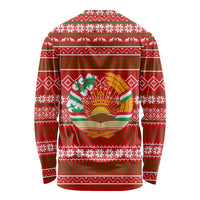 Tajikistan Christmas Long Sleeve Shirt with Santa Riding Snow Leopard National Emblem and Red Holiday Pattern - Wonder Print Shop