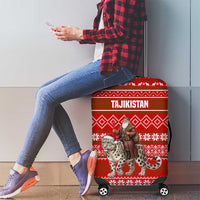 Tajikistan Christmas Luggage Cover with Santa Riding Snow Leopard National Emblem and Red Holiday Pattern - Wonder Print Shop