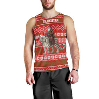 Tajikistan Christmas Men Tank Top with Santa Riding Snow Leopard National Emblem and Red Holiday Pattern - Wonder Print Shop
