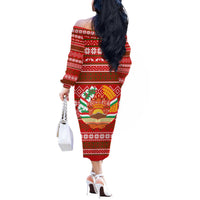 Tajikistan Christmas Off The Shoulder Long Sleeve Dress with Santa Riding Snow Leopard National Emblem and Red Holiday Pattern - Wonder Print Shop