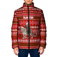 Tajikistan Christmas Padded Jacket with Santa Riding Snow Leopard National Emblem and Red Holiday Pattern - Wonder Print Shop