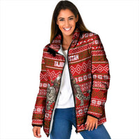 Tajikistan Christmas Padded Jacket with Santa Riding Snow Leopard National Emblem and Red Holiday Pattern - Wonder Print Shop