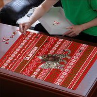 Tajikistan Christmas Puzzle with Santa Riding Snow Leopard National Emblem and Red Holiday Pattern - Wonder Print Shop