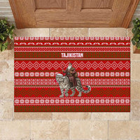 Tajikistan Christmas Rubber Doormat with Santa Riding Snow Leopard National Emblem and Red Holiday Pattern - Wonder Print Shop