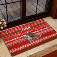 Tajikistan Christmas Rubber Doormat with Santa Riding Snow Leopard National Emblem and Red Holiday Pattern - Wonder Print Shop