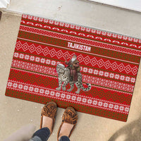 Tajikistan Christmas Rubber Doormat with Santa Riding Snow Leopard National Emblem and Red Holiday Pattern - Wonder Print Shop
