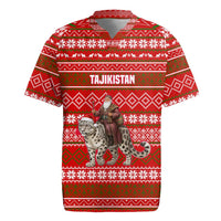 Tajikistan Christmas Rugby Jersey with Santa Riding Snow Leopard National Emblem and Red Holiday Pattern - Wonder Print Shop