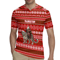 Tajikistan Christmas Rugby Jersey with Santa Riding Snow Leopard National Emblem and Red Holiday Pattern - Wonder Print Shop