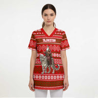 Tajikistan Christmas Scrub Top with Santa Riding Snow Leopard National Emblem and Red Holiday Pattern - Wonder Print Shop
