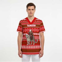 Tajikistan Christmas Scrub Top with Santa Riding Snow Leopard National Emblem and Red Holiday Pattern - Wonder Print Shop