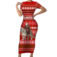 Tajikistan Christmas Short Sleeve Bodycon Dress with Santa Riding Snow Leopard National Emblem and Red Holiday Pattern - Wonder Print Shop