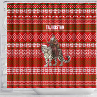Tajikistan Christmas Shower Curtain with Santa Riding Snow Leopard National Emblem and Red Holiday Pattern - Wonder Print Shop