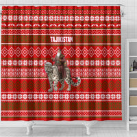 Tajikistan Christmas Shower Curtain with Santa Riding Snow Leopard National Emblem and Red Holiday Pattern - Wonder Print Shop
