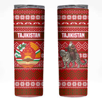 Tajikistan Christmas Skinny Tumbler with Santa Riding Snow Leopard National Emblem and Red Holiday Pattern - Wonder Print Shop