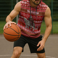 Tajikistan Christmas Sleeveless Hoodie with Santa Riding Snow Leopard National Emblem and Red Holiday Pattern - Wonder Print Shop