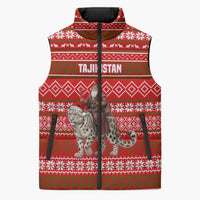 Tajikistan Christmas Sleeveless Puffer Jacket with Santa Riding Snow Leopard National Emblem and Red Holiday Pattern - Wonder Print Shop