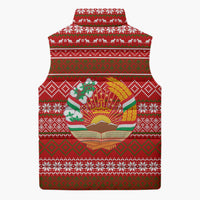 Tajikistan Christmas Sleeveless Puffer Jacket with Santa Riding Snow Leopard National Emblem and Red Holiday Pattern - Wonder Print Shop