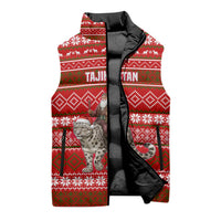 Tajikistan Christmas Sleeveless Puffer Jacket with Santa Riding Snow Leopard National Emblem and Red Holiday Pattern - Wonder Print Shop