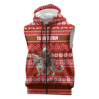 Tajikistan Christmas Sleeveless Zip Hoodie with Santa Riding Snow Leopard National Emblem and Red Holiday Pattern - Wonder Print Shop