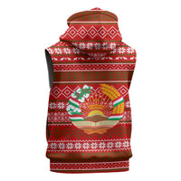 Tajikistan Christmas Sleeveless Zip Hoodie with Santa Riding Snow Leopard National Emblem and Red Holiday Pattern - Wonder Print Shop