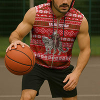 Tajikistan Christmas Sleeveless Zip Hoodie with Santa Riding Snow Leopard National Emblem and Red Holiday Pattern - Wonder Print Shop