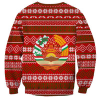 Tajikistan Christmas Sweatshirt with Santa Riding Snow Leopard National Emblem and Red Holiday Pattern - Wonder Print Shop