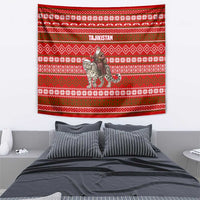Tajikistan Christmas Tapestry with Santa Riding Snow Leopard National Emblem and Red Holiday Pattern - Wonder Print Shop