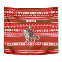 Tajikistan Christmas Tapestry with Santa Riding Snow Leopard National Emblem and Red Holiday Pattern - Wonder Print Shop
