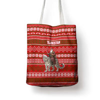 Tajikistan Christmas Tote Bag with Santa Riding Snow Leopard National Emblem and Red Holiday Pattern - Wonder Print Shop