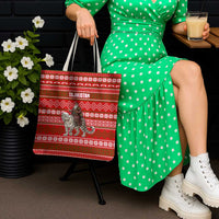 Tajikistan Christmas Tote Bag with Santa Riding Snow Leopard National Emblem and Red Holiday Pattern - Wonder Print Shop