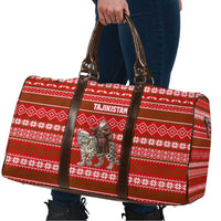 Tajikistan Christmas Travel Bag with Santa Riding Snow Leopard National Emblem and Red Holiday Pattern - Wonder Print Shop