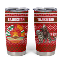Tajikistan Christmas Tumbler Cup with Santa Riding Snow Leopard National Emblem and Red Holiday Pattern - Wonder Print Shop