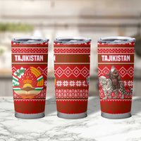 Tajikistan Christmas Tumbler Cup with Santa Riding Snow Leopard National Emblem and Red Holiday Pattern - Wonder Print Shop